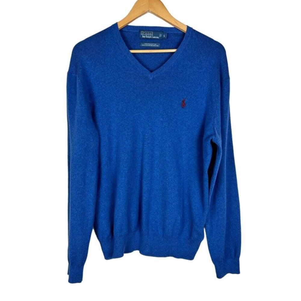 Polo Ralph Lauren Mens Large Blue Pima Cotton V-Neck Long Sleeve Sweater
